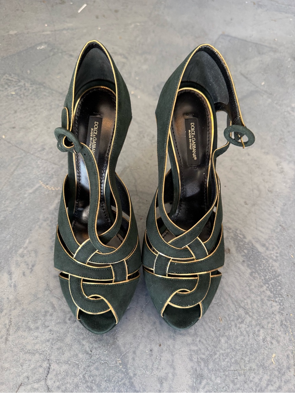 Dolce & Gabbana Dark Green Suede Peep-Toe Heels with Gold Trim